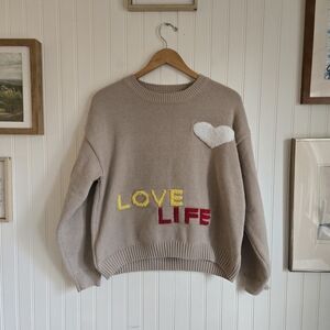 Beige 'Love Life' Heart Embroidered Crewneck Sweater